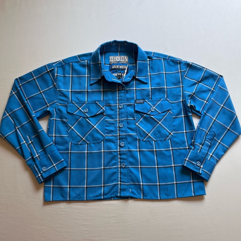 DIXXON‎ blue plaid check boxy cropped button up long sleeve shirt